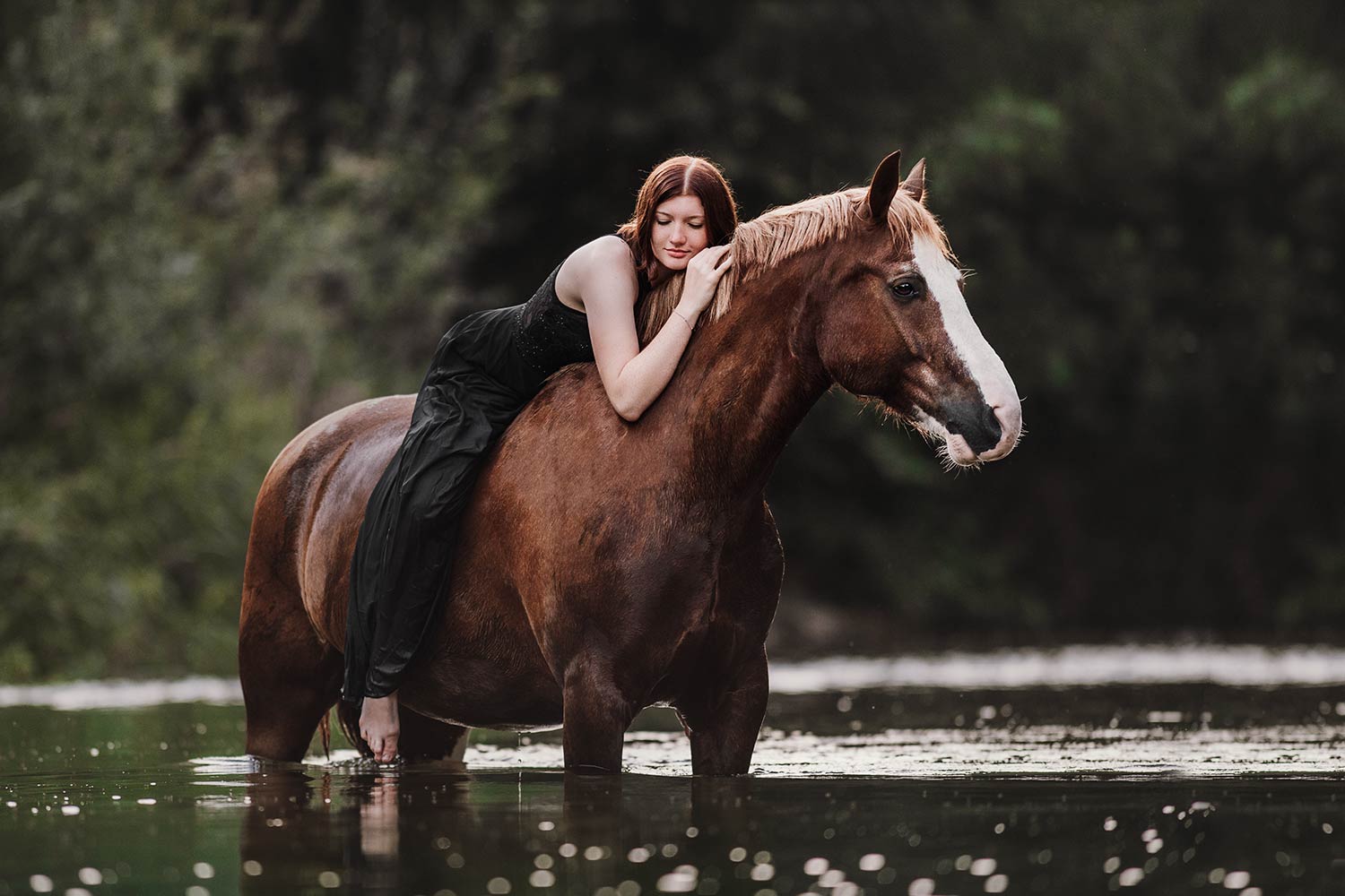 Eine junge Frau in einem schwarzen Kleid liegt entspannt auf einem Fuchs Freiberger im Wasser.