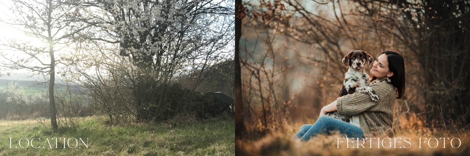 Die linke Seite des Bildes zeigt einen blühenden Baum neben einer Wiese, rechts eine Frau, die einen gefleckten Hund im Arm hält und ihn zärtlich umarmt.