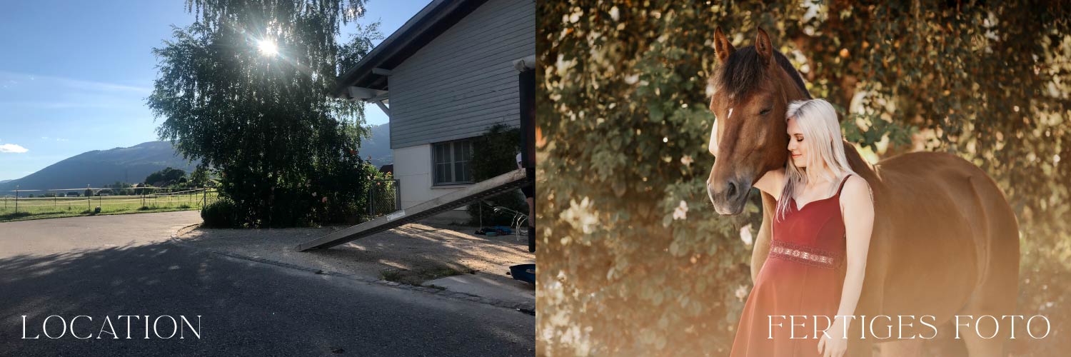 Auf dem Vorher-Bild ist ein Haus vor einer Bergkulisse zu sehen, während das Nachher-Bild eine Frau in einem roten Kleid zeigt, die neben einem Pferd steht.