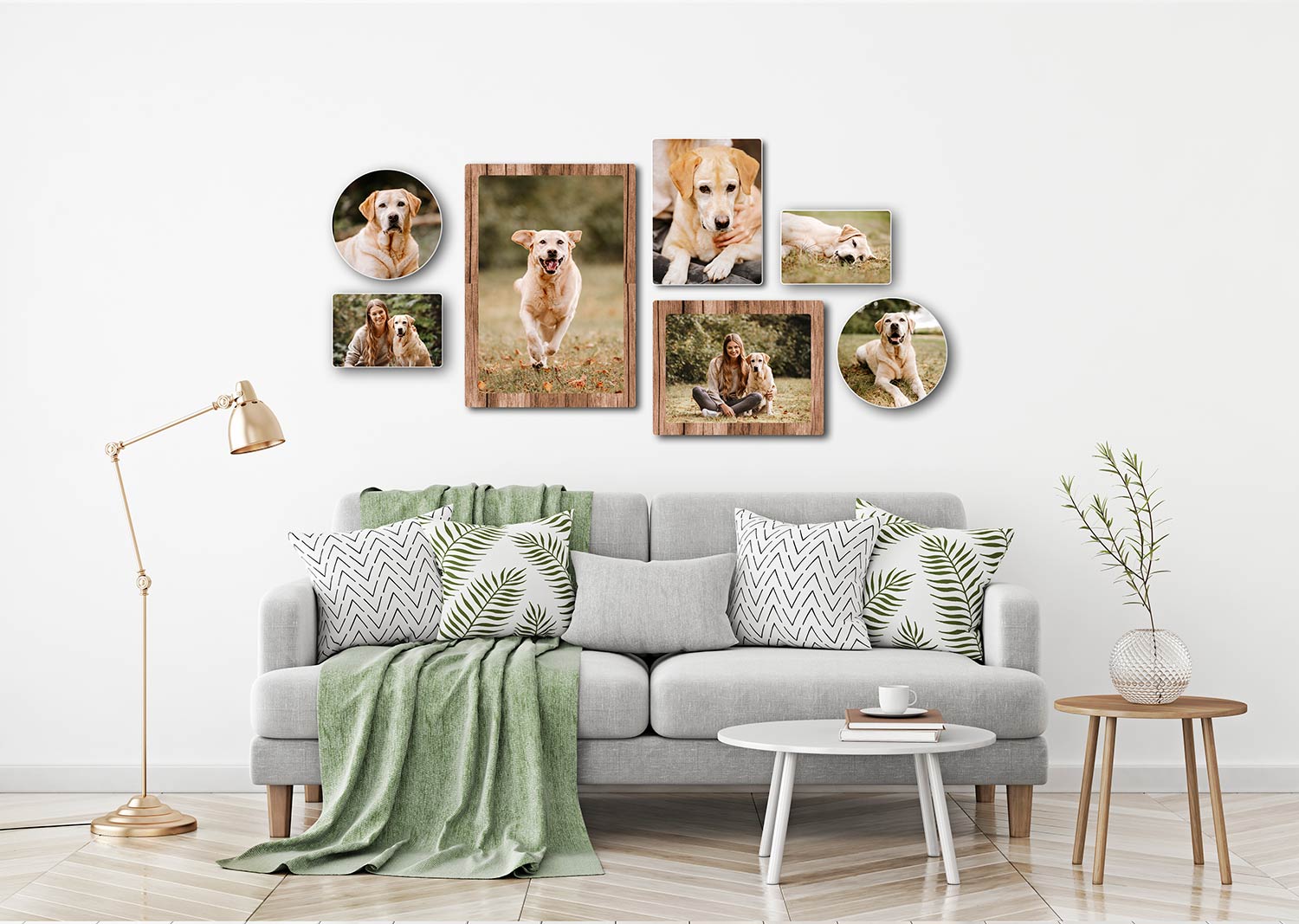 Holzdbild Collage mit diversen Szene einer Labrador Hündin über einem grauen Sofa