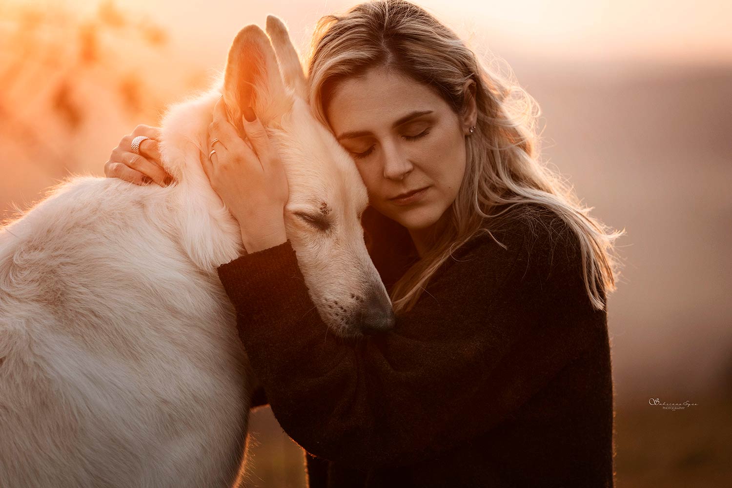 Eine Frau umarmt liebevoll einen großen weissen Hund, während sie ihr Gesicht sanft an seinen Kopf lehnt.