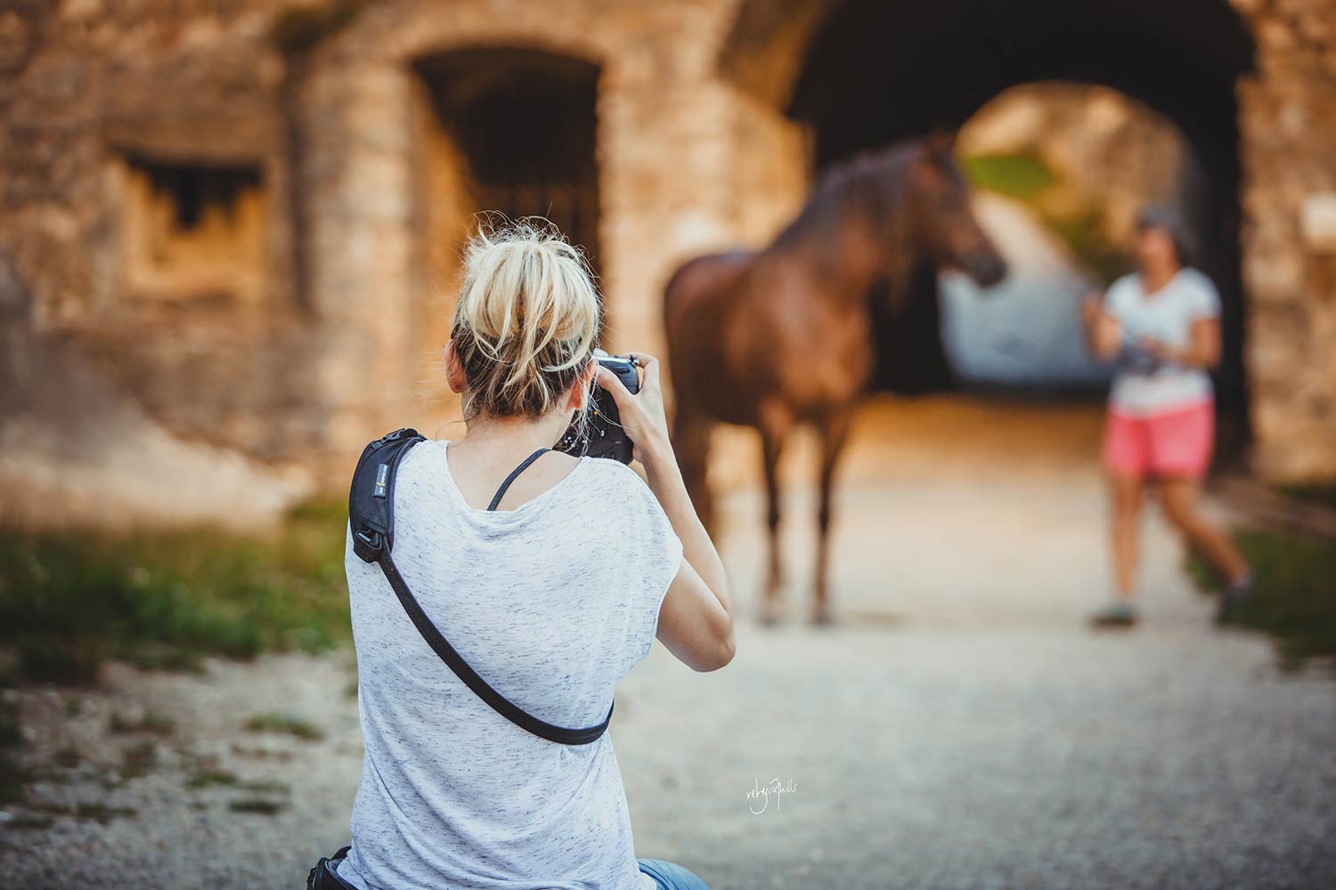Eine Fotografin nimmt ein Foto von einem Pferd auf, das sich in einem historischen Torbogen nähert, mit einer Person im Hintergrund.