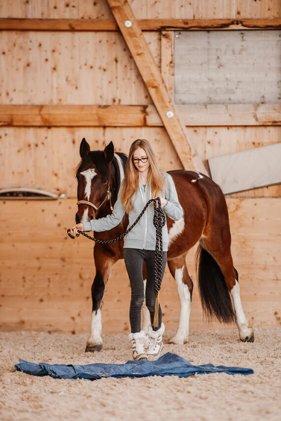 Eine junge Frau führt ein braun-weißes Pferd in einer Reithalle über eine Decke.