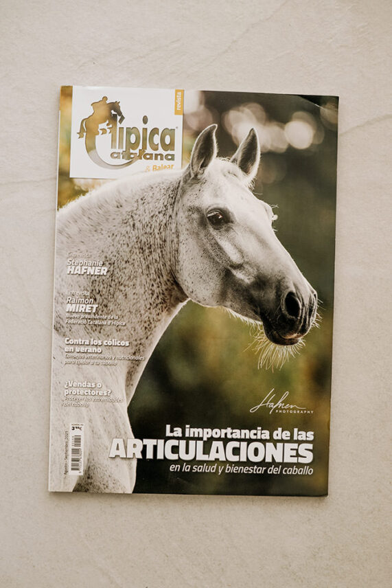 Eine Ausgabe des "Hipica Catalana" Magazins mit dem Titel "La importancia de las articulaciones" und einem Foto eines weißen Pferdes auf dem Cover.